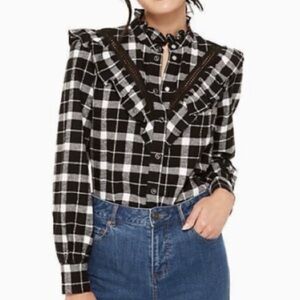 kate spade Black & White Plaid Ruffle Yoke Button-Down Shirt